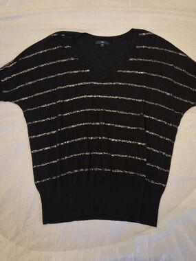 Black V-Neck Short Sleeve Sweater with Gold Stripes